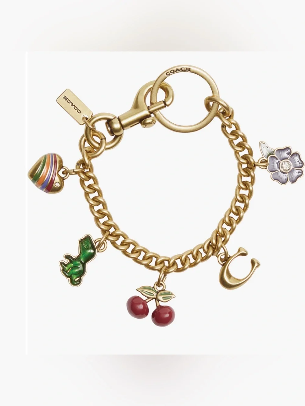 Coach Gold Bag Charm Whimsical W/ Cherry, Green Dinosaur, Heart, C Charms